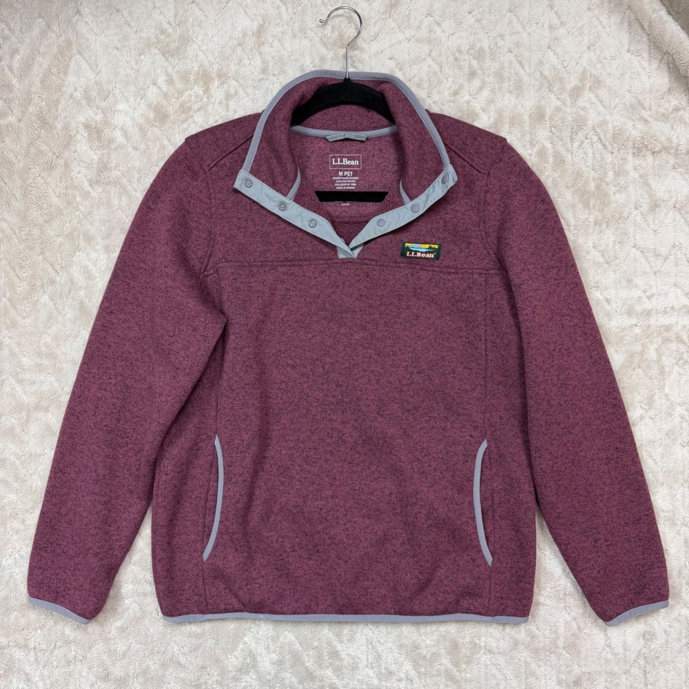 LL Bean Sweater Fleece Pullover Snap Neck Berry Burgundy Gray Trim M Petite